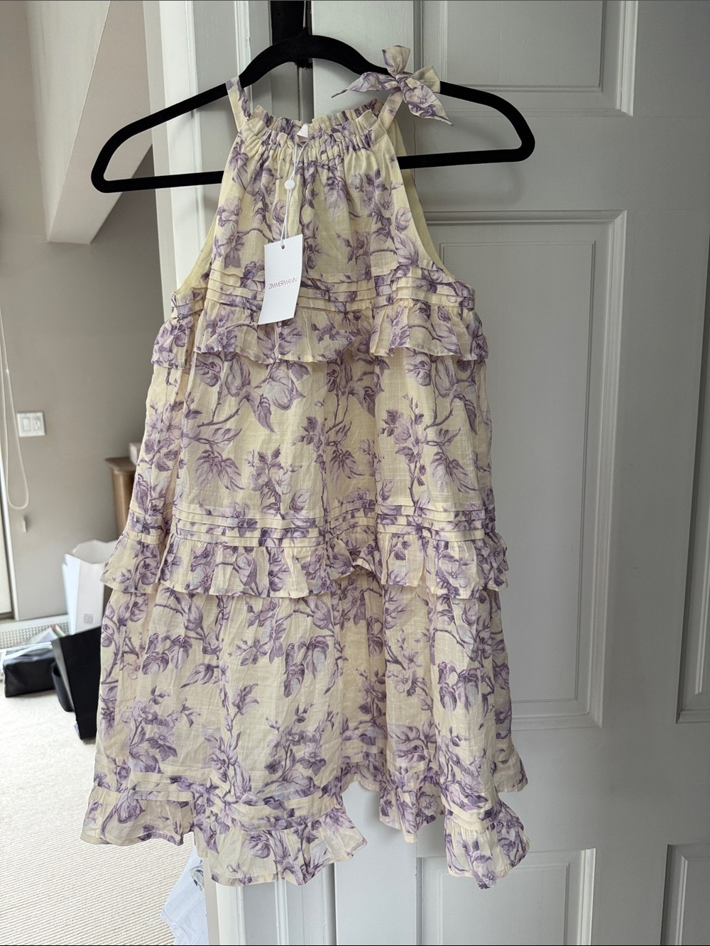 Zimmermann Cream and Lavender Floral Tiered Halter Dress - Kids